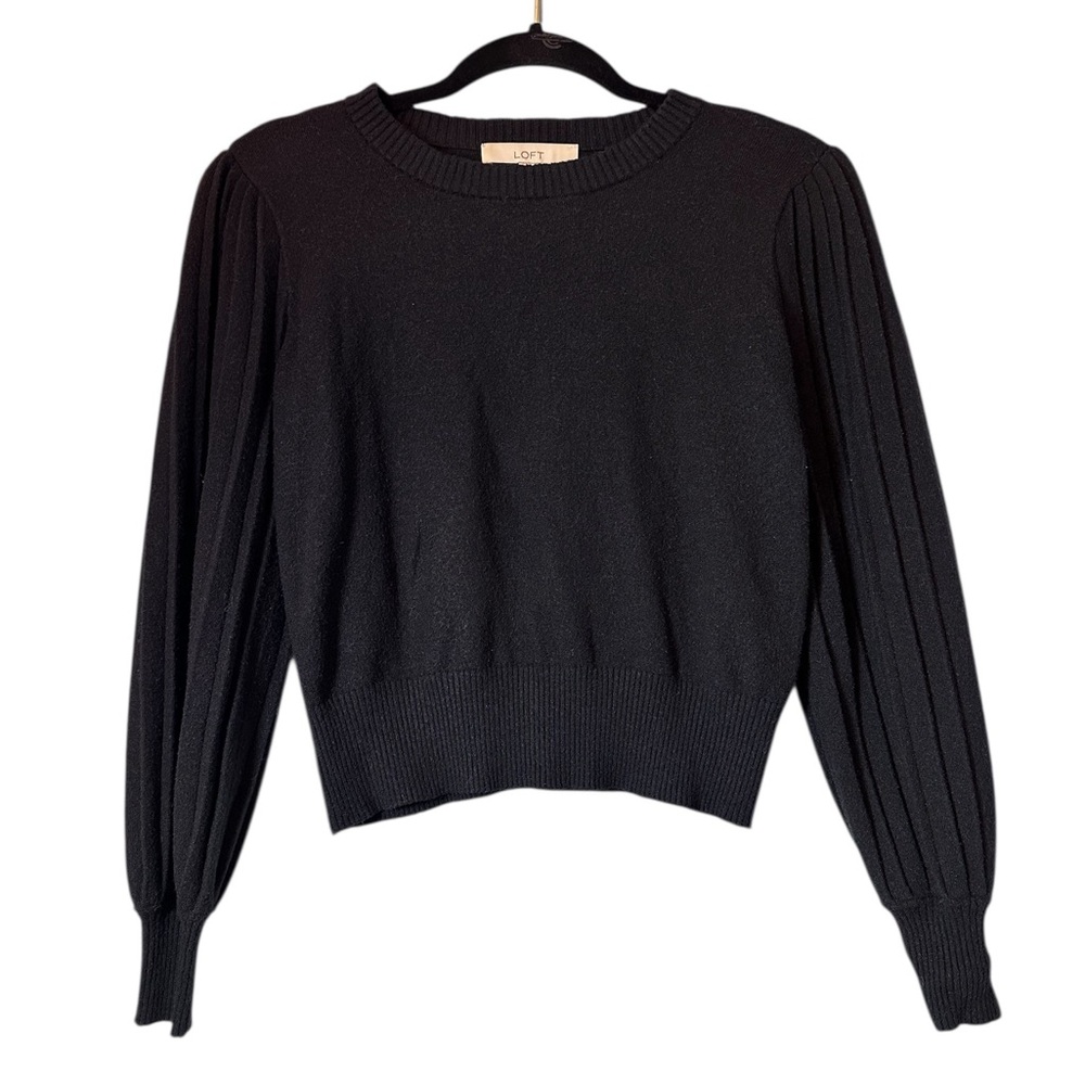 LOFT Black Crop Sweater with Long Pleated Puff Sleeves M Wool Blend